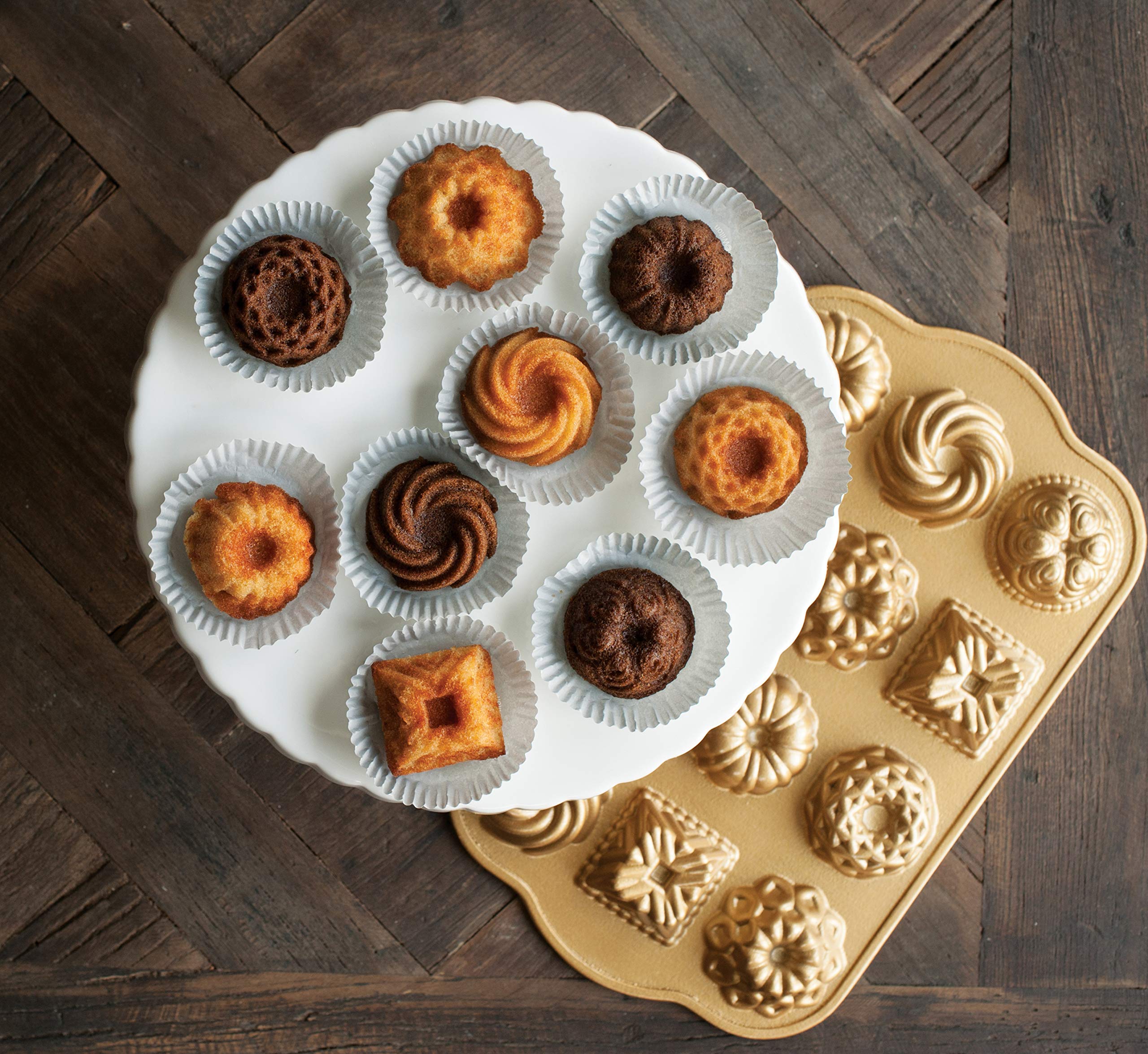 Nordic Ware Bundt Charms Jubilee angle highlights decorative minis with crisp edges