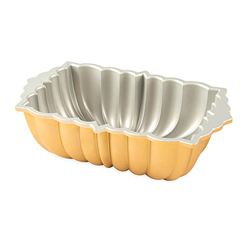 Nordic Ware Classic Fluted Loaf Pan Gold swirl design with glaze or dusting