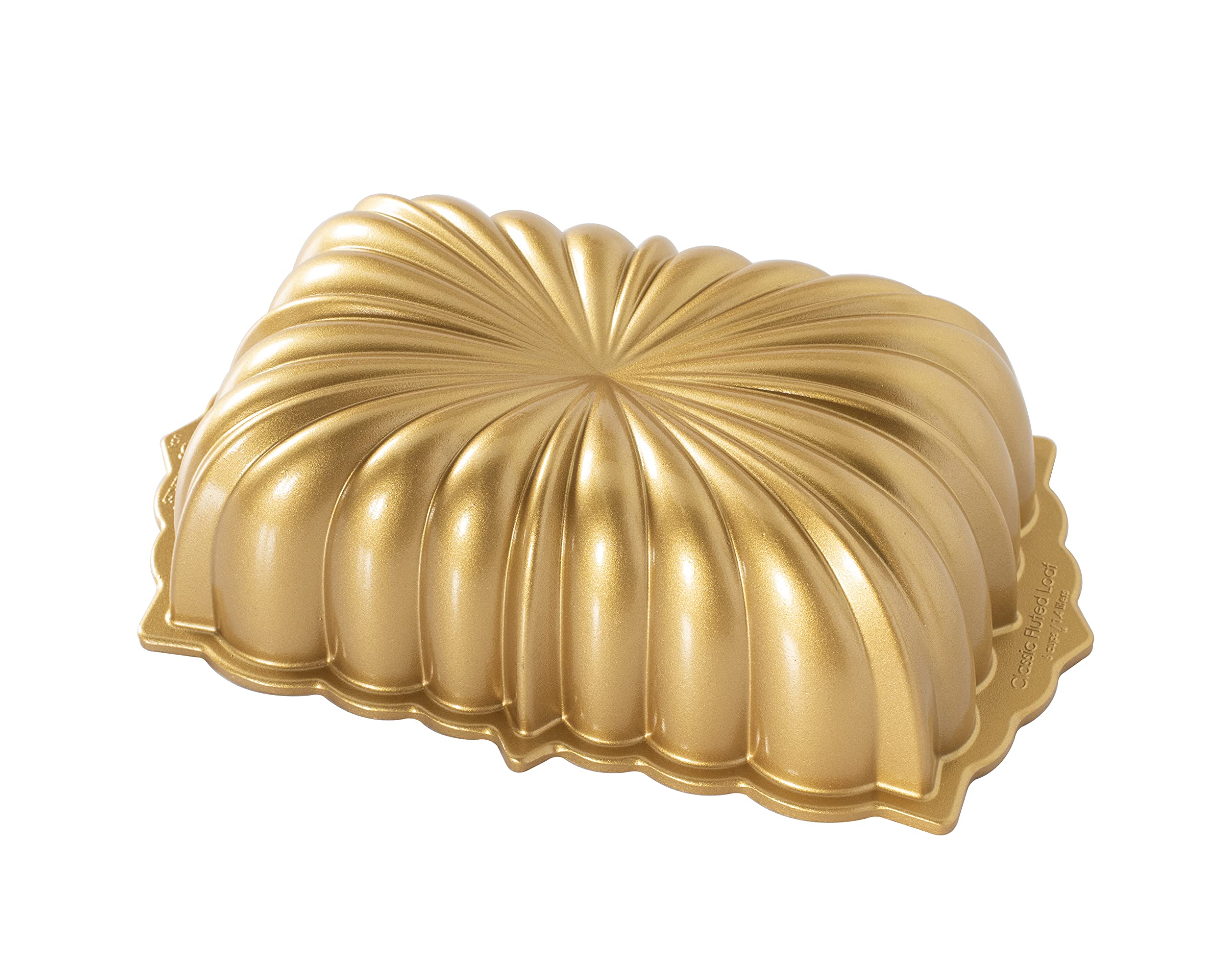 Nordic Ware Classic Fluted Loaf Pan Gold top view highlights intricate cake detail