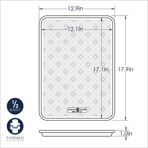 Nordic Ware exterior shows half-sheet pan dimensions for large-batch baking.