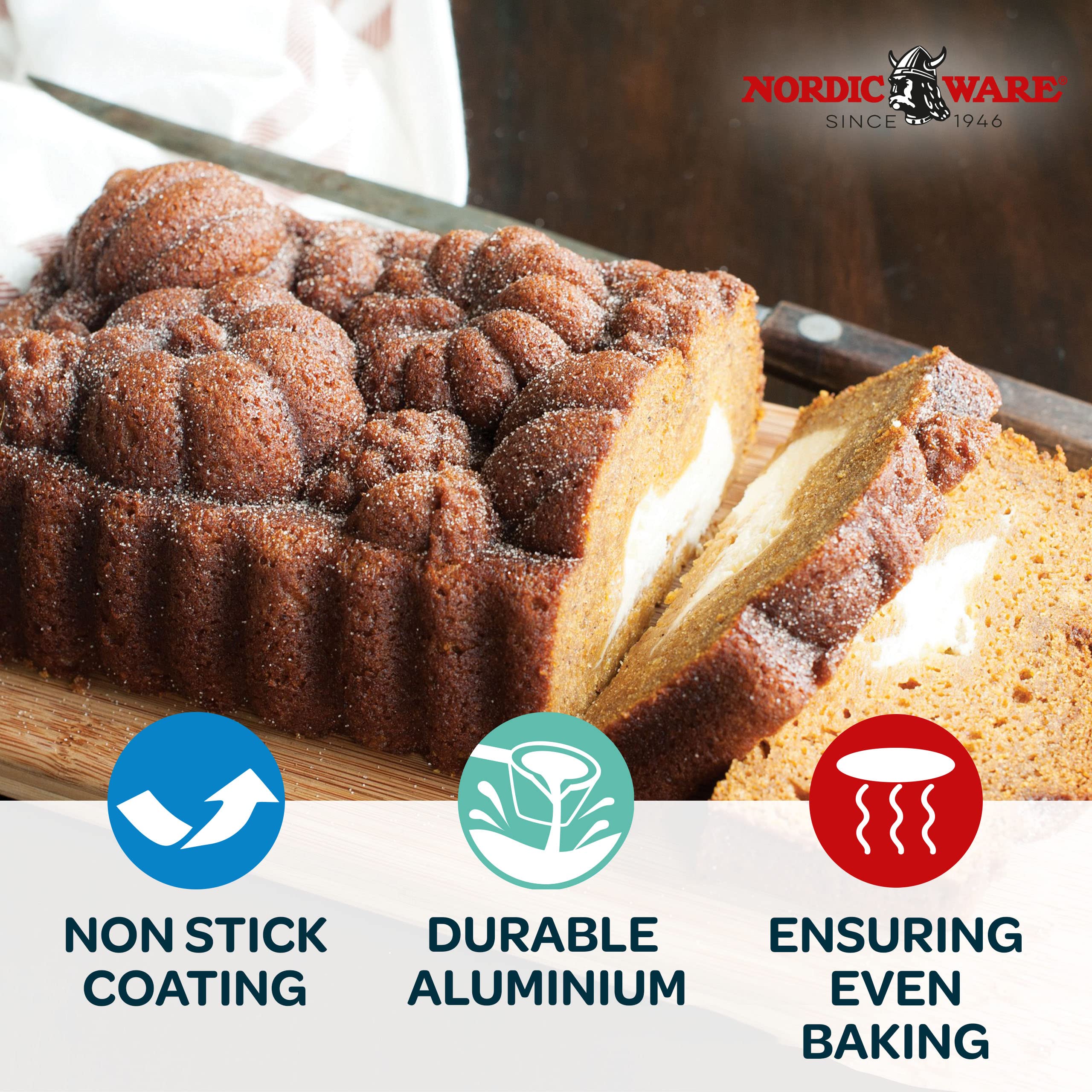 Cast aluminum Harvest Bounty Loaf Pan emphasizes even browning and reliable bake