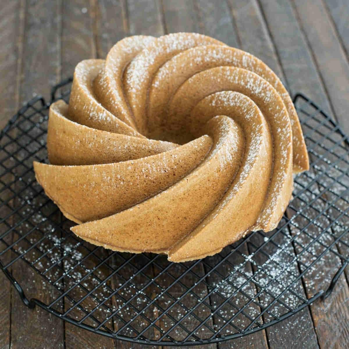 Nordic Ware Heritage Bundt Pan interior reveals cast aluminum main body for crisp cake edges.