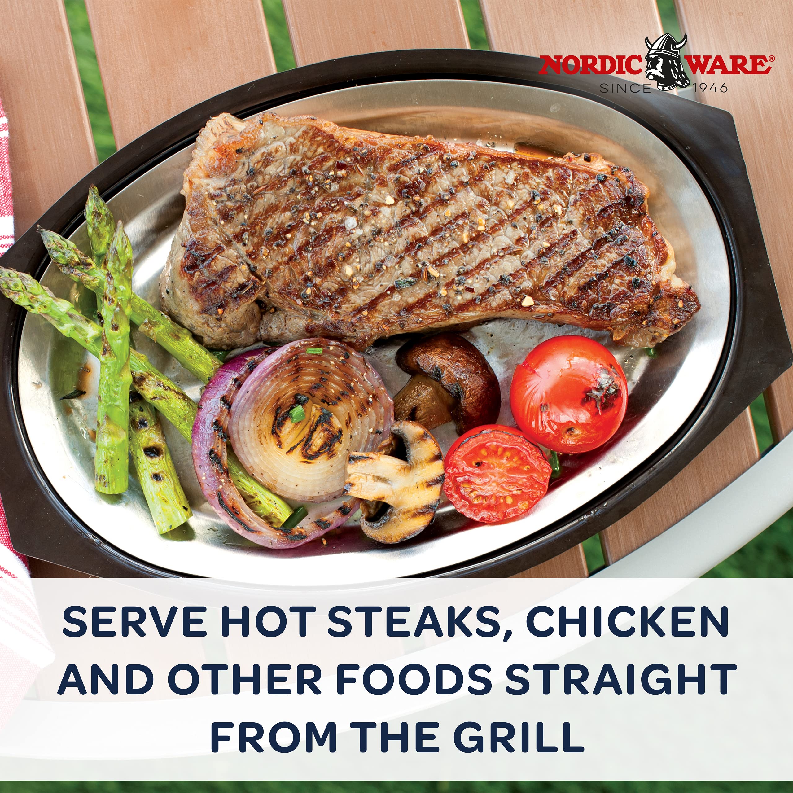 Nordic Ware Sizzling Server on grill grates for sizzling results