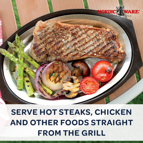 Nordic Ware Sizzling Server on grill grates for sizzling results
