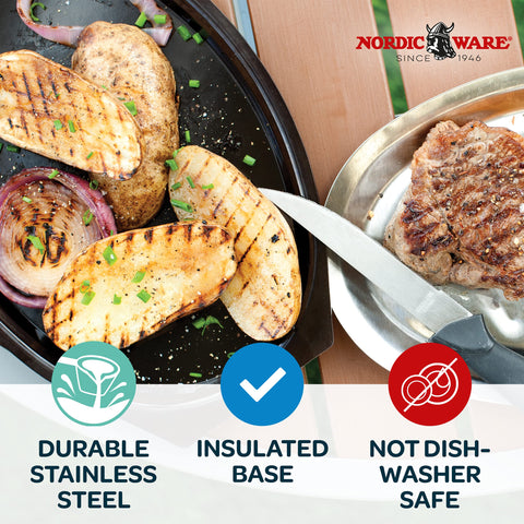 Nordic Ware Sizzling Server compact plate sized for 1–2 portions