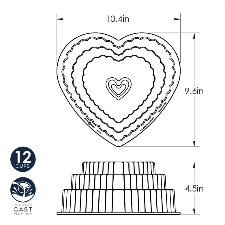 Nordic Wear Tiered Heart Bundt close-up emphasizes durable cast aluminum construction.
