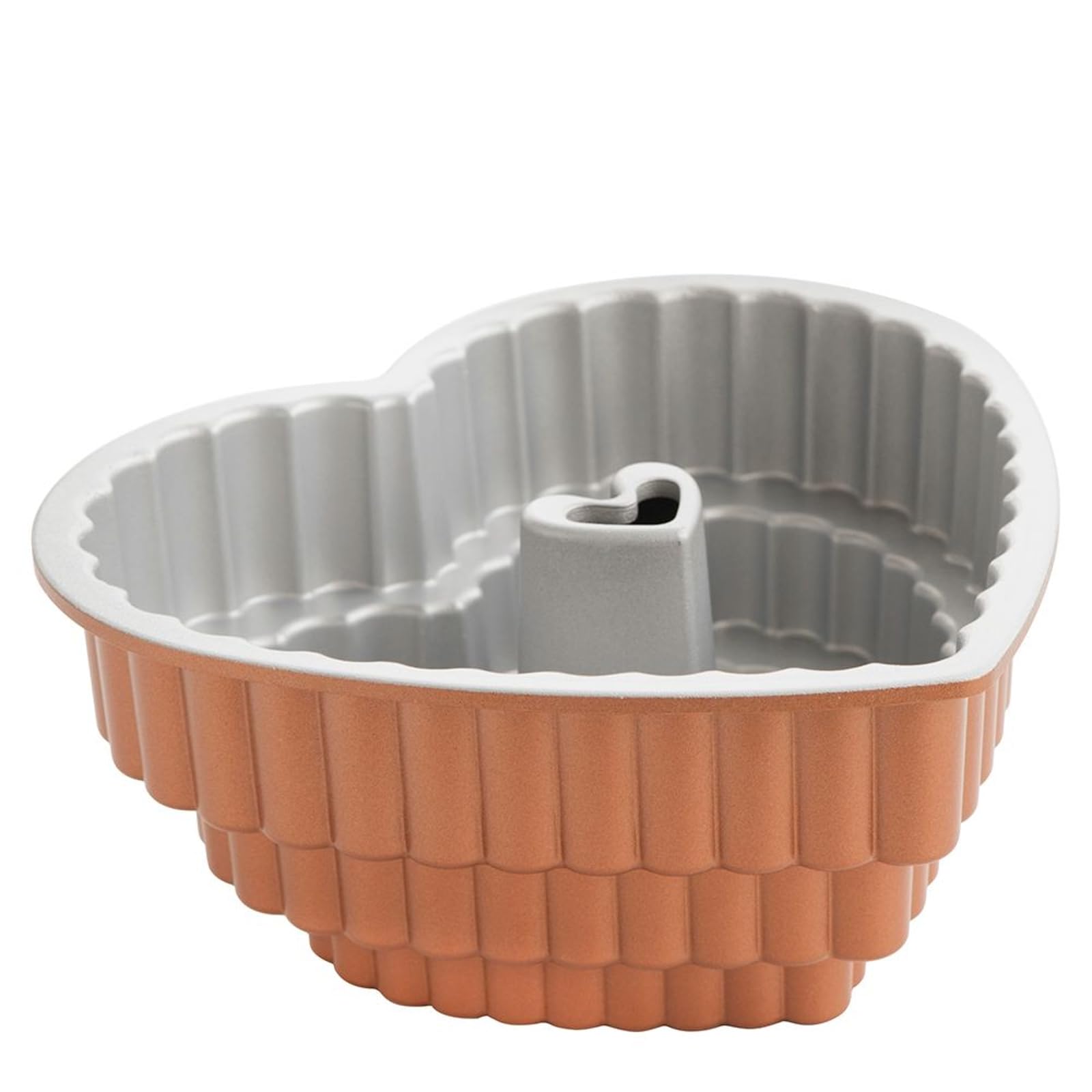 Nordic Wear Tiered Heart Bundt side view shows 12-cup capacity for gatherings.