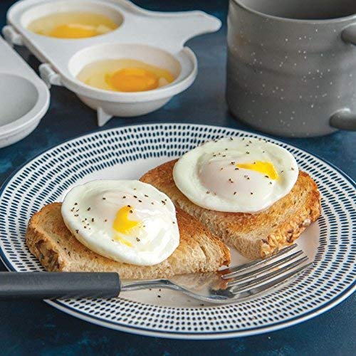 Nordic Ware two-cavity egg poacher shows even heat for perfectly poached eggs.