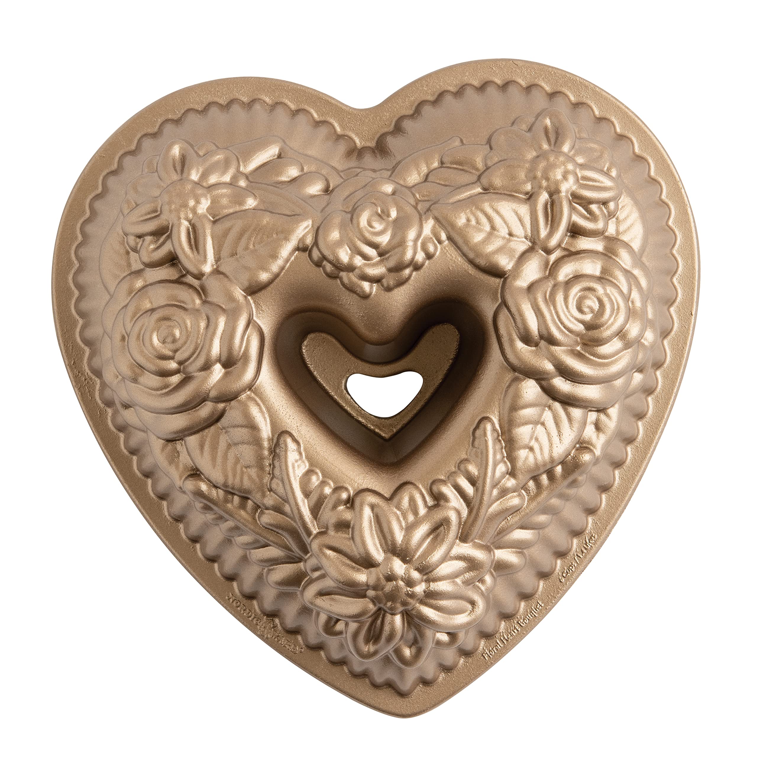 Nordic Ware Wildflower Heart Bundt pan with floral design for even browning.