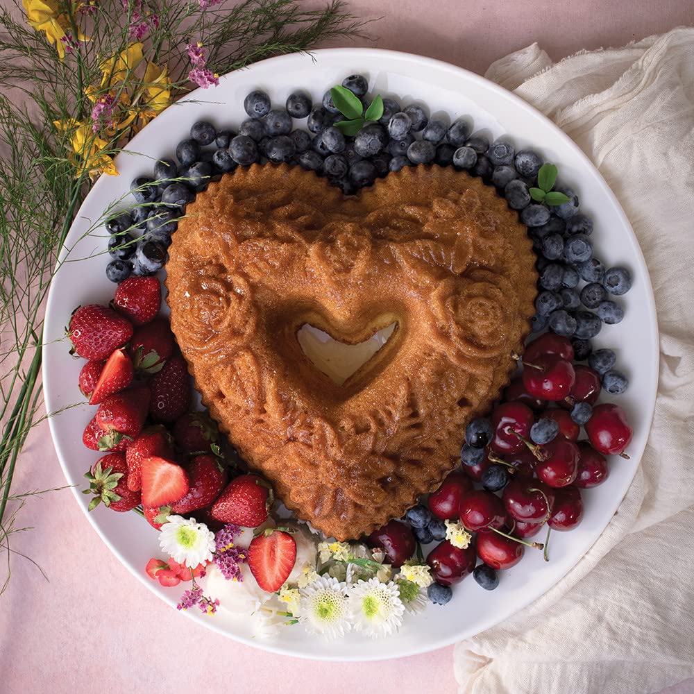 Nordic Ware Wildflower Heart Bundt pan showcases durable cast aluminum construction.