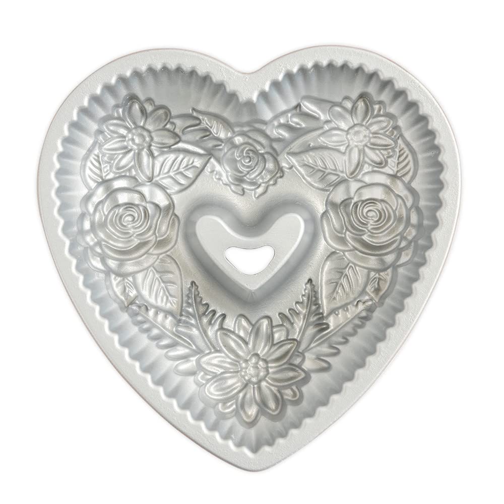 Nordic Ware Wildflower Heart Bundt pan supports even heat distribution for consistent textures.