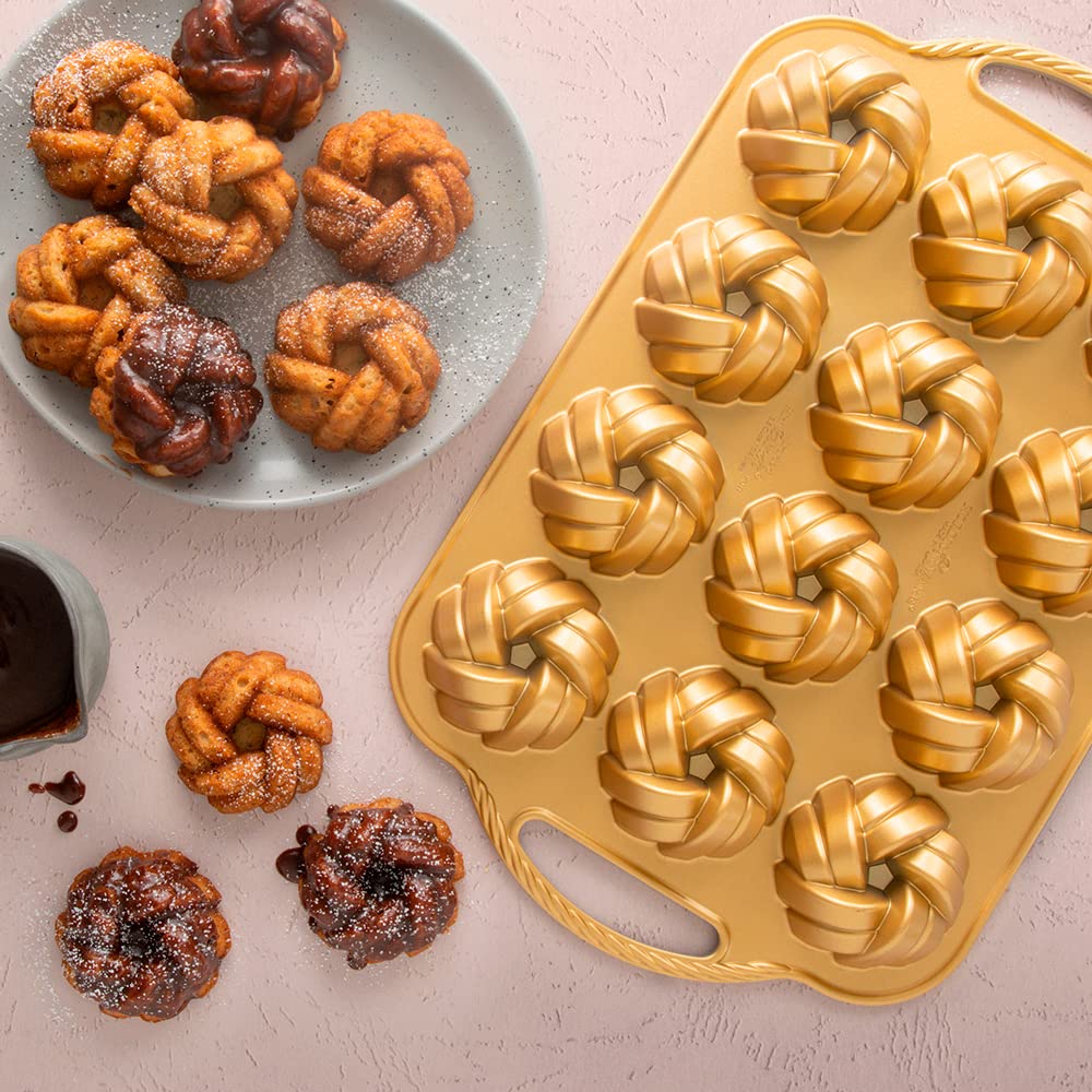 Nordic Ware Bundtlette Pan gold top view highlights braided swirl.