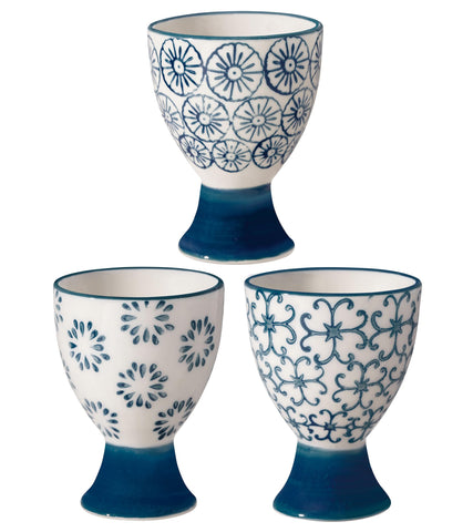 Nordring Kristina stoneware egg cups with stamped patterns, perfect for soft-boiled eggs.