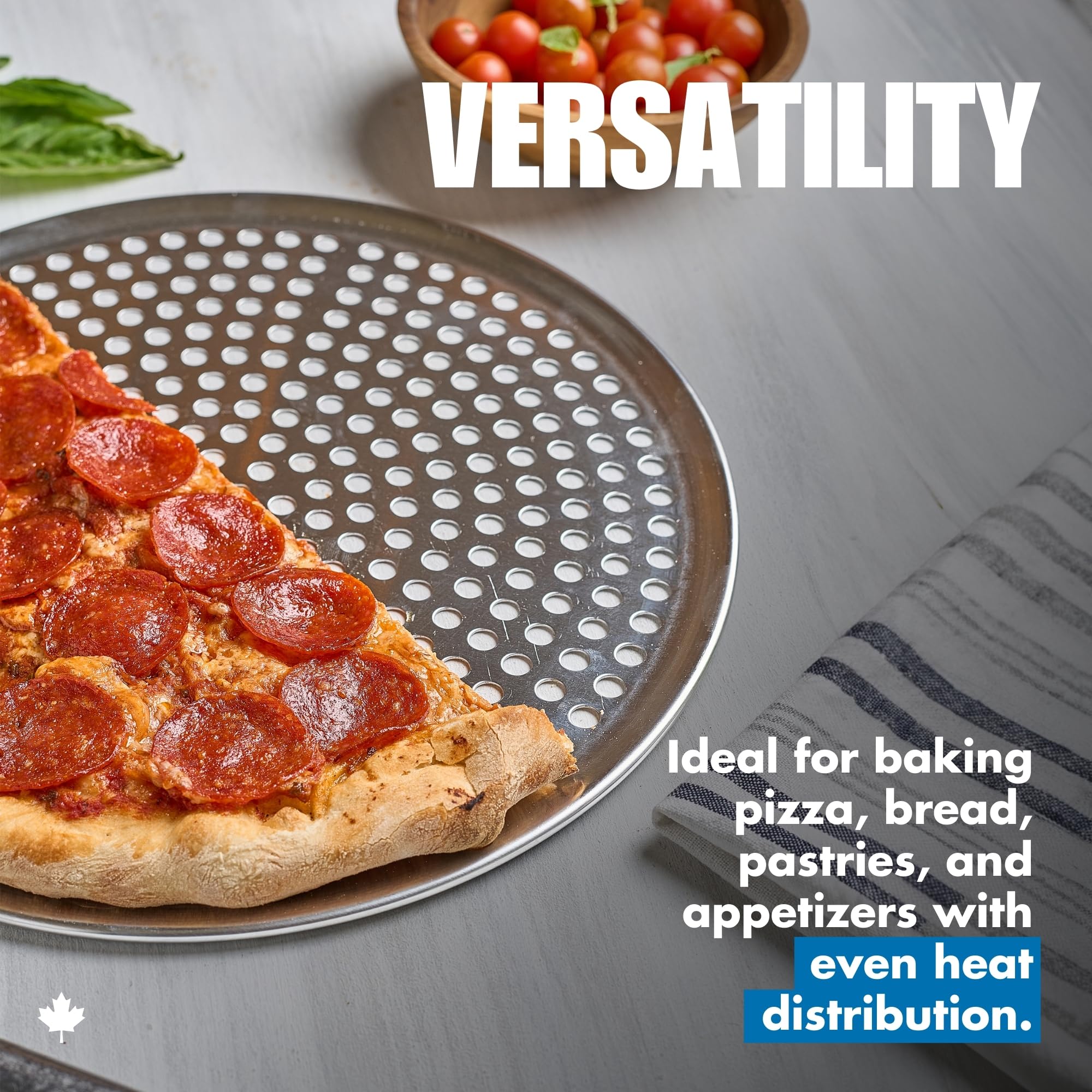 Norjac perforated pan delivers crispy crusts with durable aluminum construction.