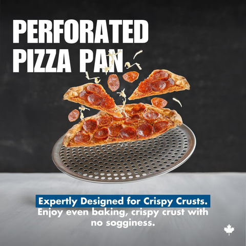 Norjac perforated pan supports even browning on homemade or frozen pizzas.
