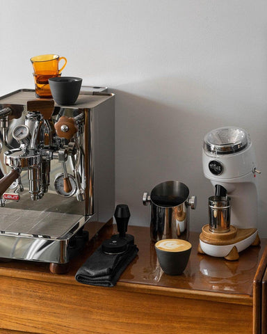 Normcore 58.5mm tamper V4 in a home kitchen during espresso prep.