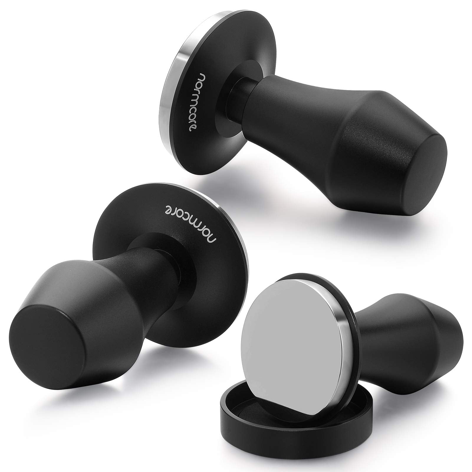 Normcore 58.5mm coffee tamper V4 side view showing stainless steel base and compact silhouette.