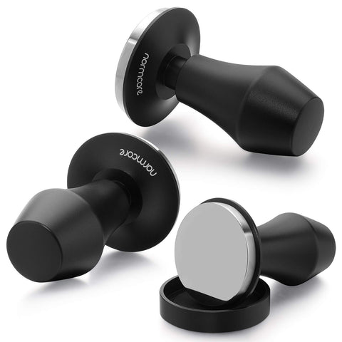 Normcore 58.5mm coffee tamper V4 side view showing stainless steel base and compact silhouette.