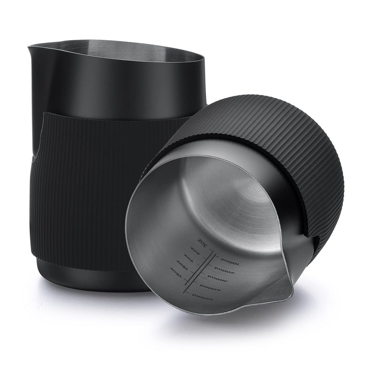 Normcore handleless milk pitcher for precise espresso steaming and pour control