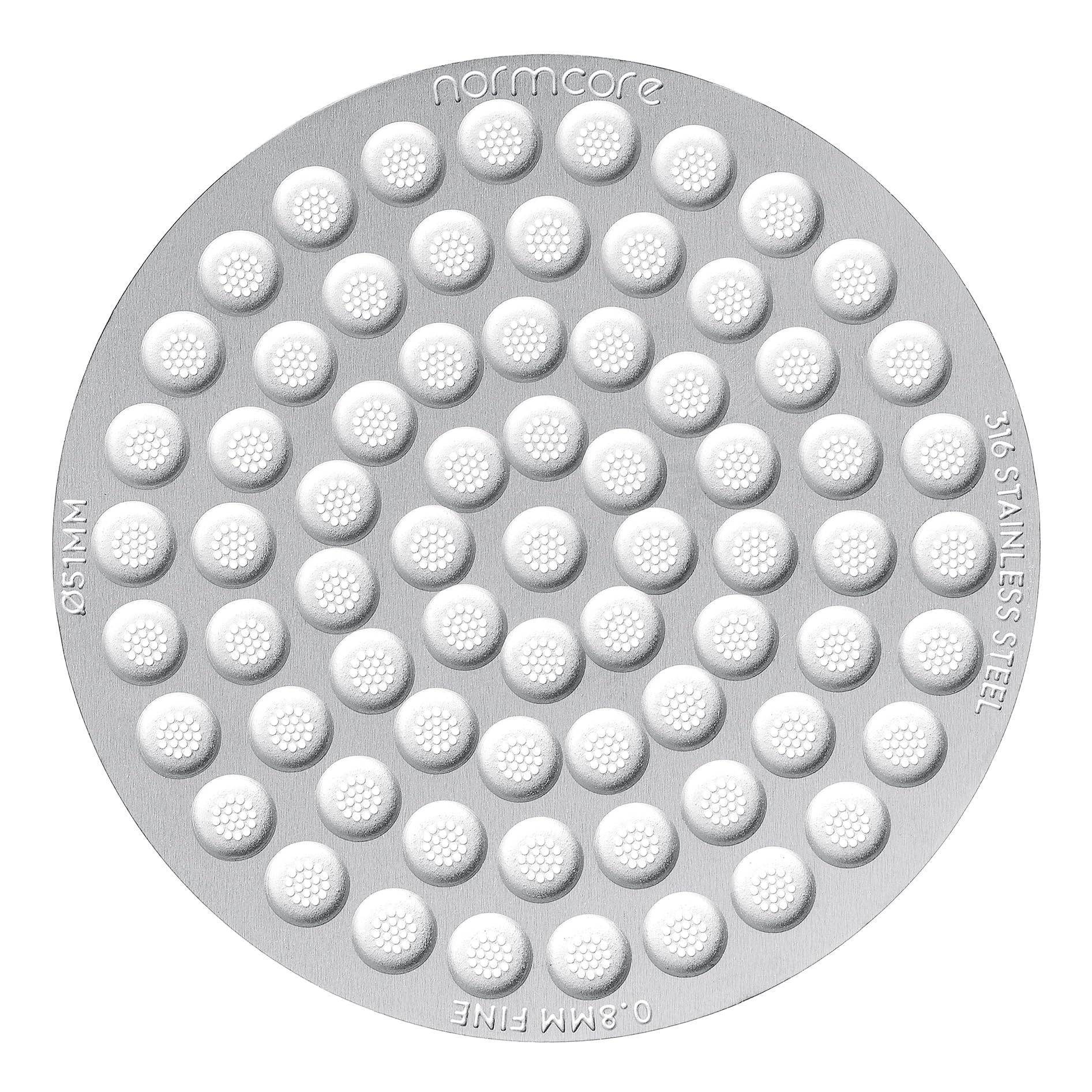 Normcore puck screen 51mm close-up with 0.8mm mesh for even espresso extraction
