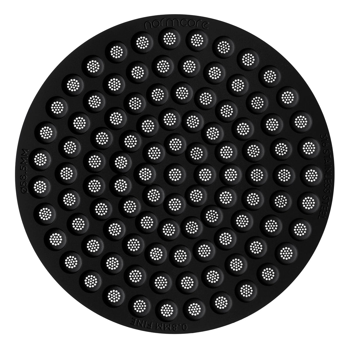 Normcore puck screen shows 58.5mm diameter for balanced extraction and simpler cleanup.