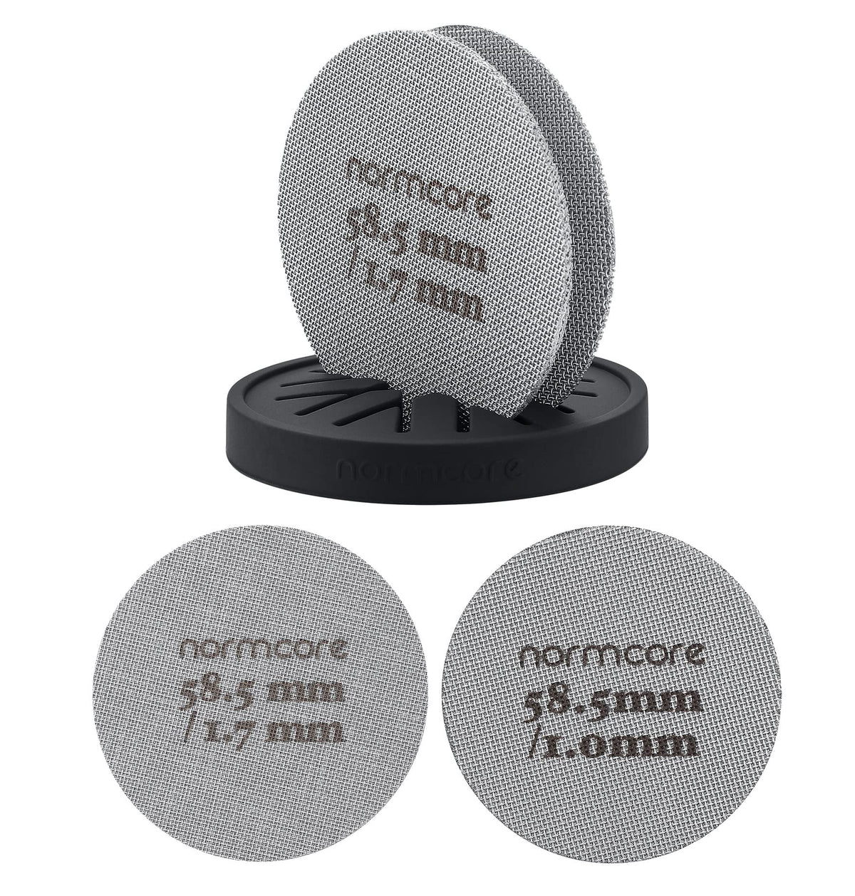 Normcore puck screen with stand promotes even water distribution for balanced espresso.