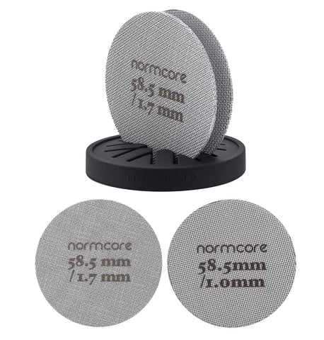 Normcore puck screen with stand promotes even water distribution for balanced espresso.