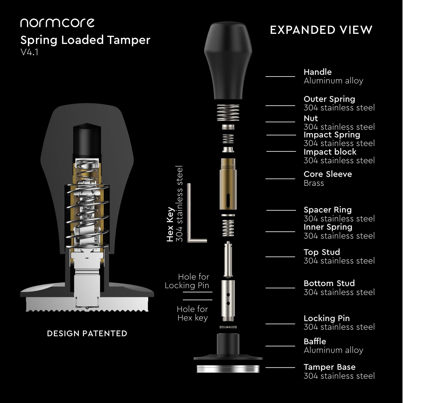 Normcore tamper with self-leveling base promotes even pressure across the puck.