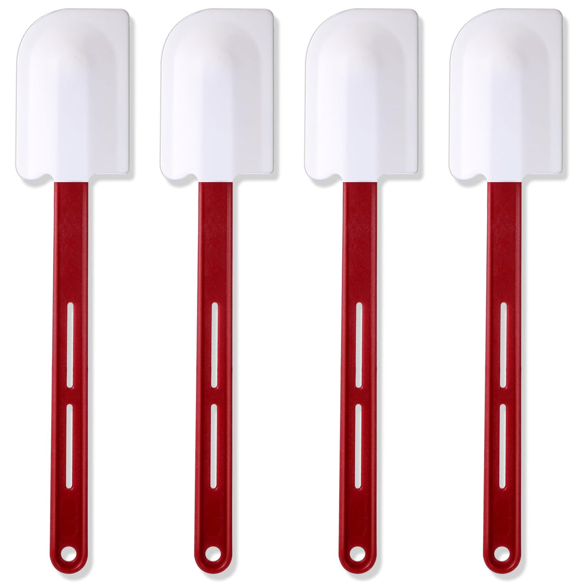 Norme 4 Pcs silicone spatulas with curved heads, designed to reach corners without scratching.