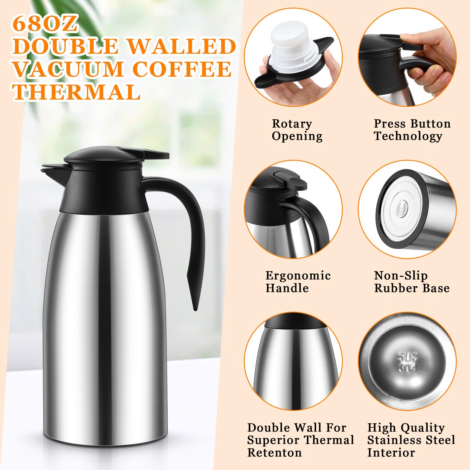 Norme 68 oz stainless steel carafe with removable lid for cleaning.