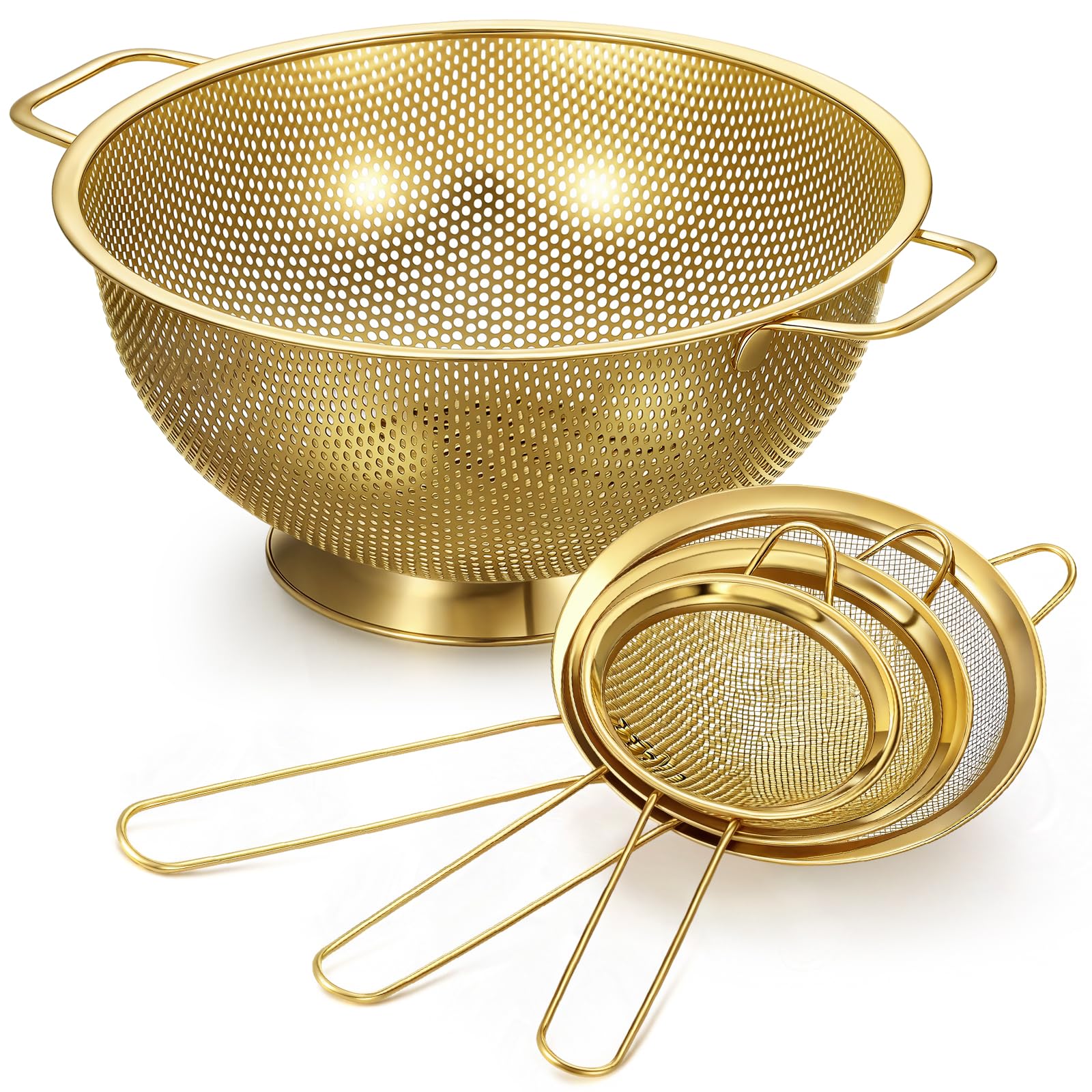Norme gold 4-quart colander front view for pasta draining and rinsing vegetables