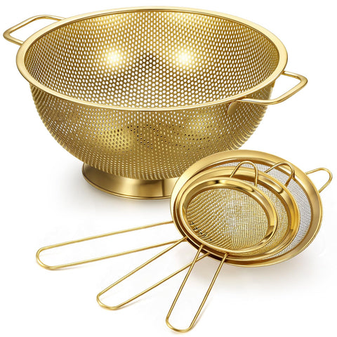 Norme gold 4-quart colander front view for pasta draining and rinsing vegetables