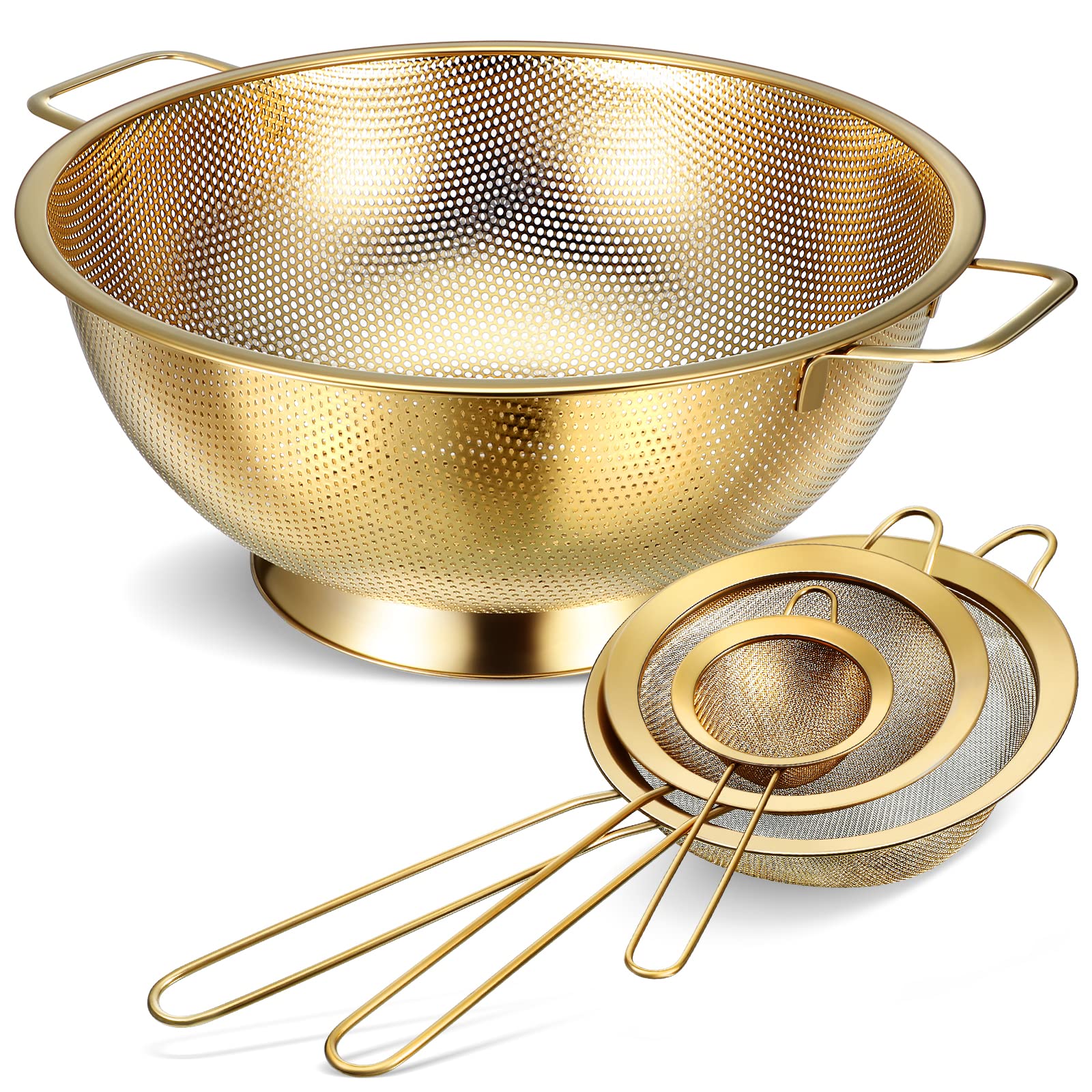 Norme gold colander 5-quart with sturdy handle for easy pasta draining.