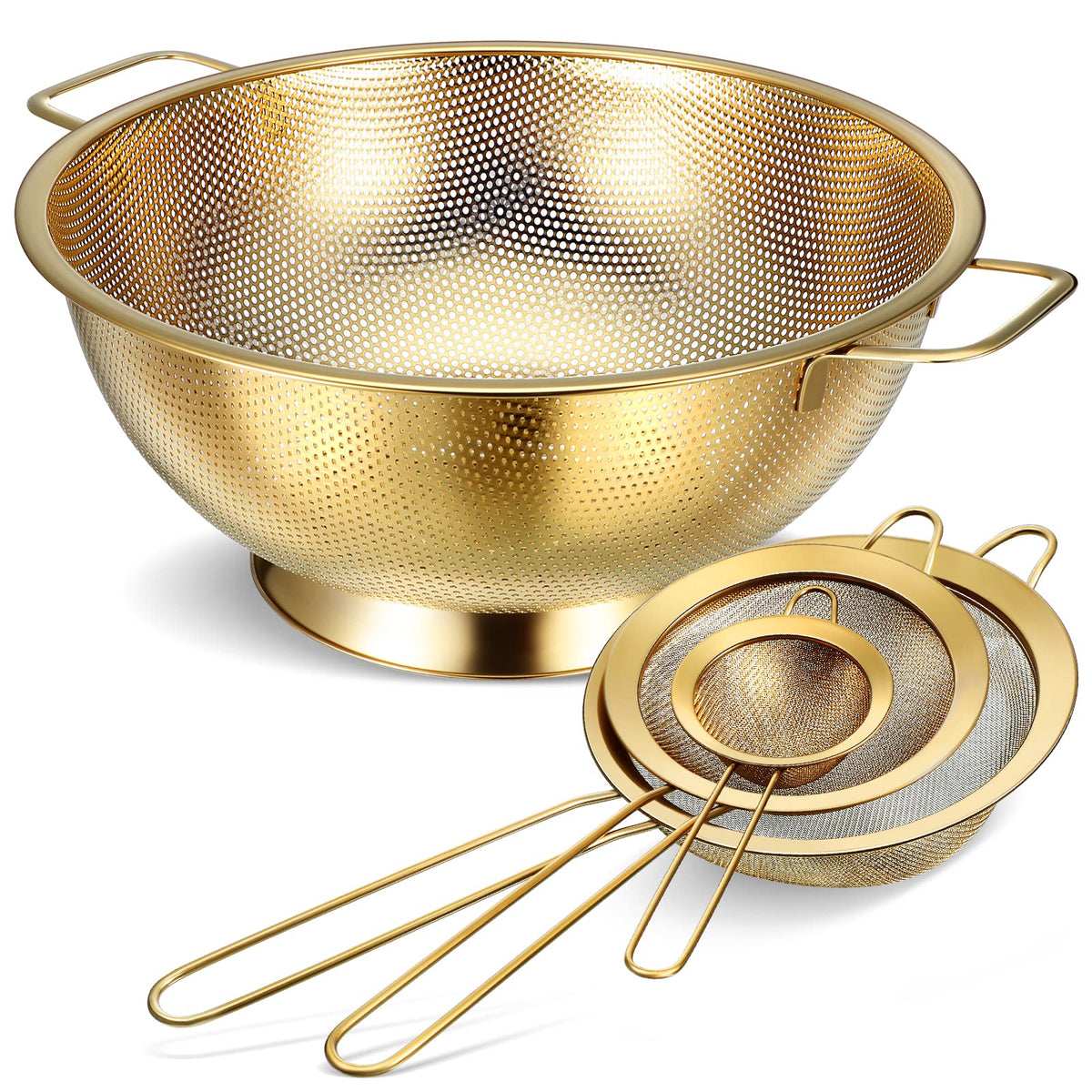 Norme gold colander 5-quart with sturdy handle for easy pasta draining.
