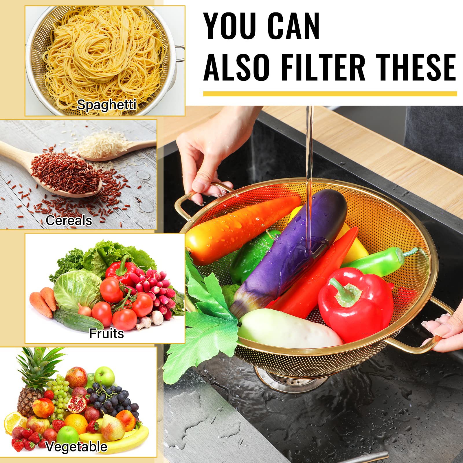 Norme gold colander handle closeup highlights durable grip and shine.