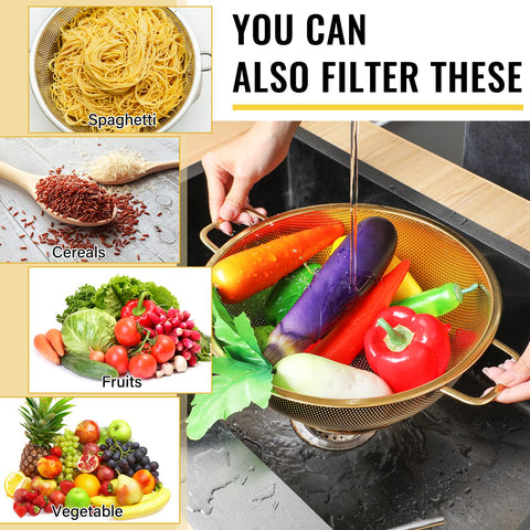 Norme gold colander handle closeup highlights durable grip and shine.