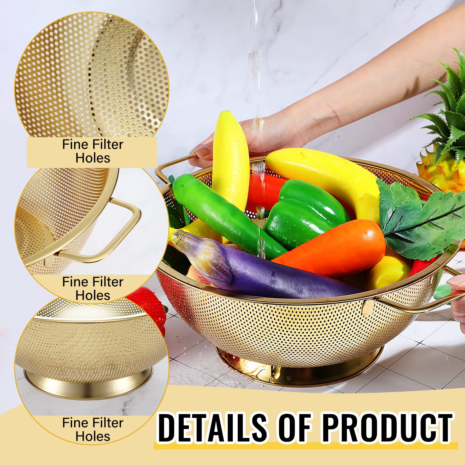 Norme gold strainer 18 cm close-up ideal for draining pasta.