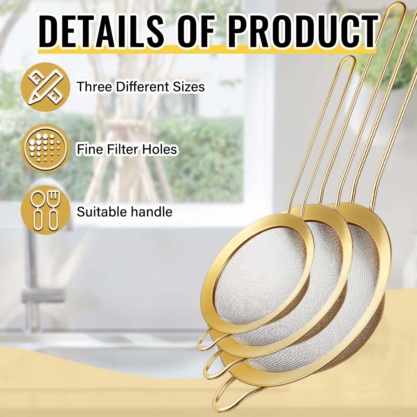 Norme kitchen set with gold strainers demonstrates versatile cookware collection.