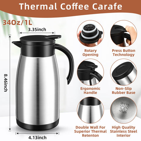 Norme stainless steel 34 oz carafe with double-wall insulation for long-lasting warmth.