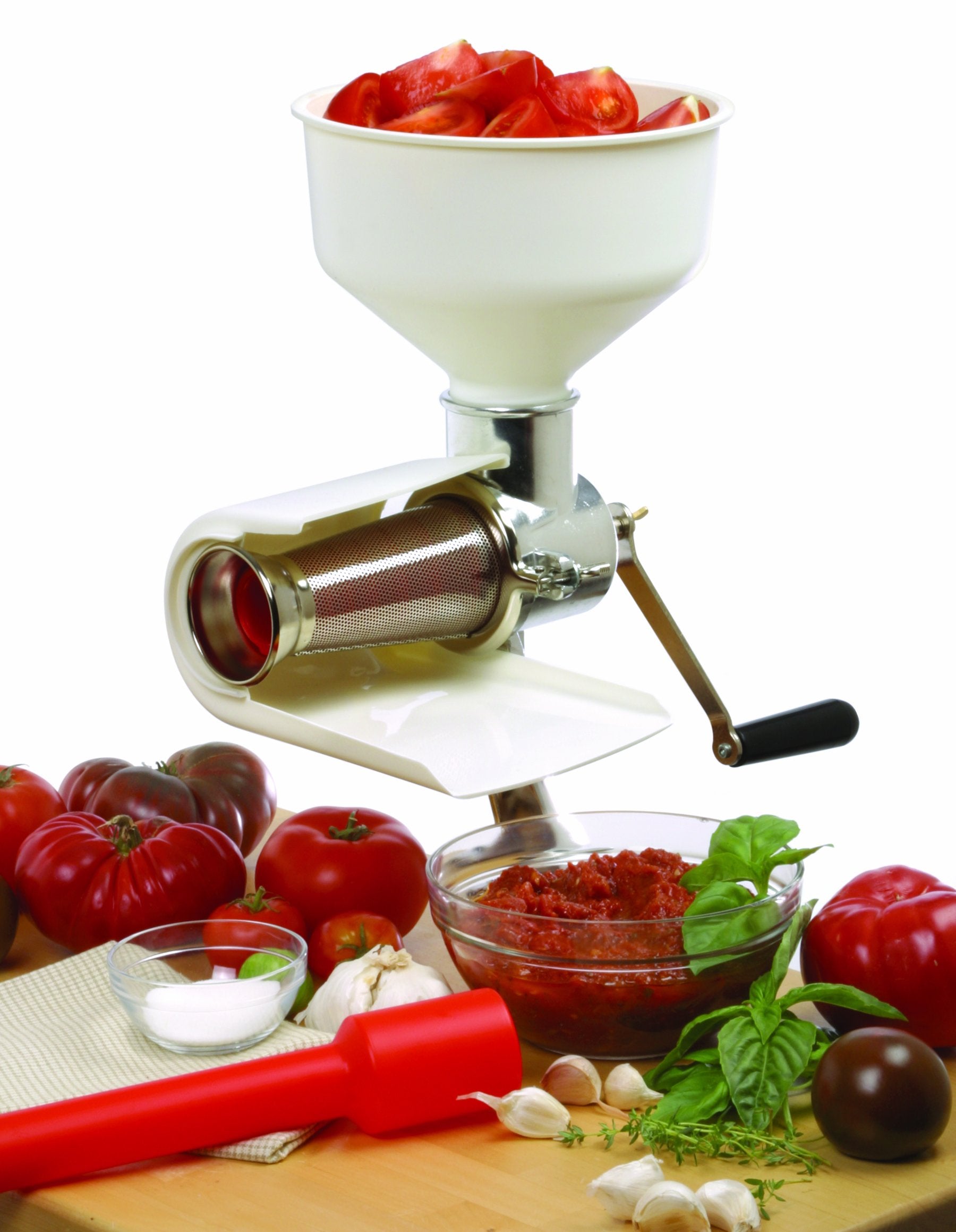 Close-up of chrome-plated screen detail on the Sauce Master for smooth processing.