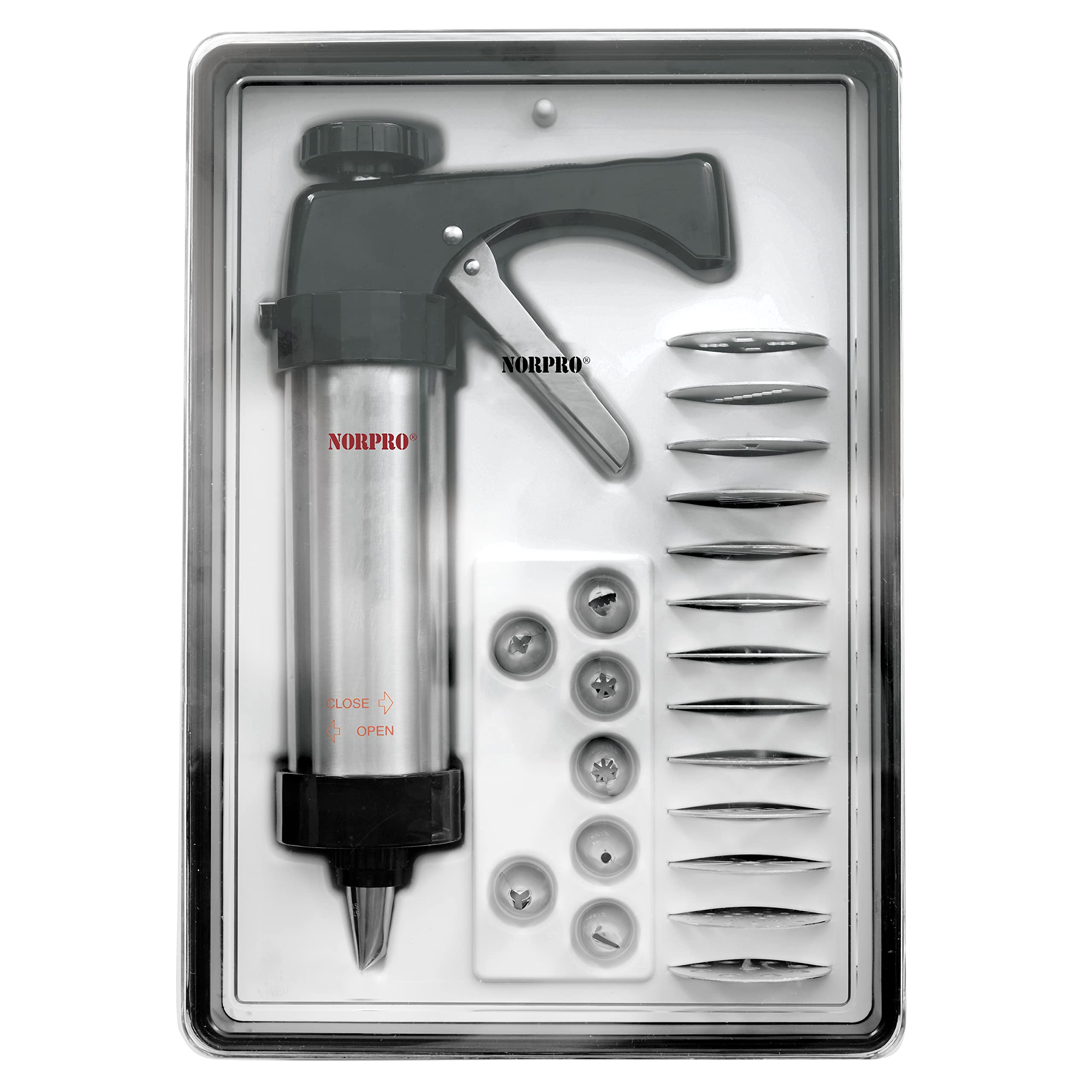 Norpro 3299 1.25 cup barrel capacity in stainless steel.