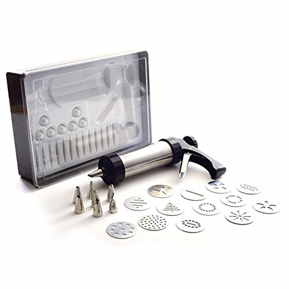 Norpro 3299 stainless cookie press shown in use for decorative cookies.