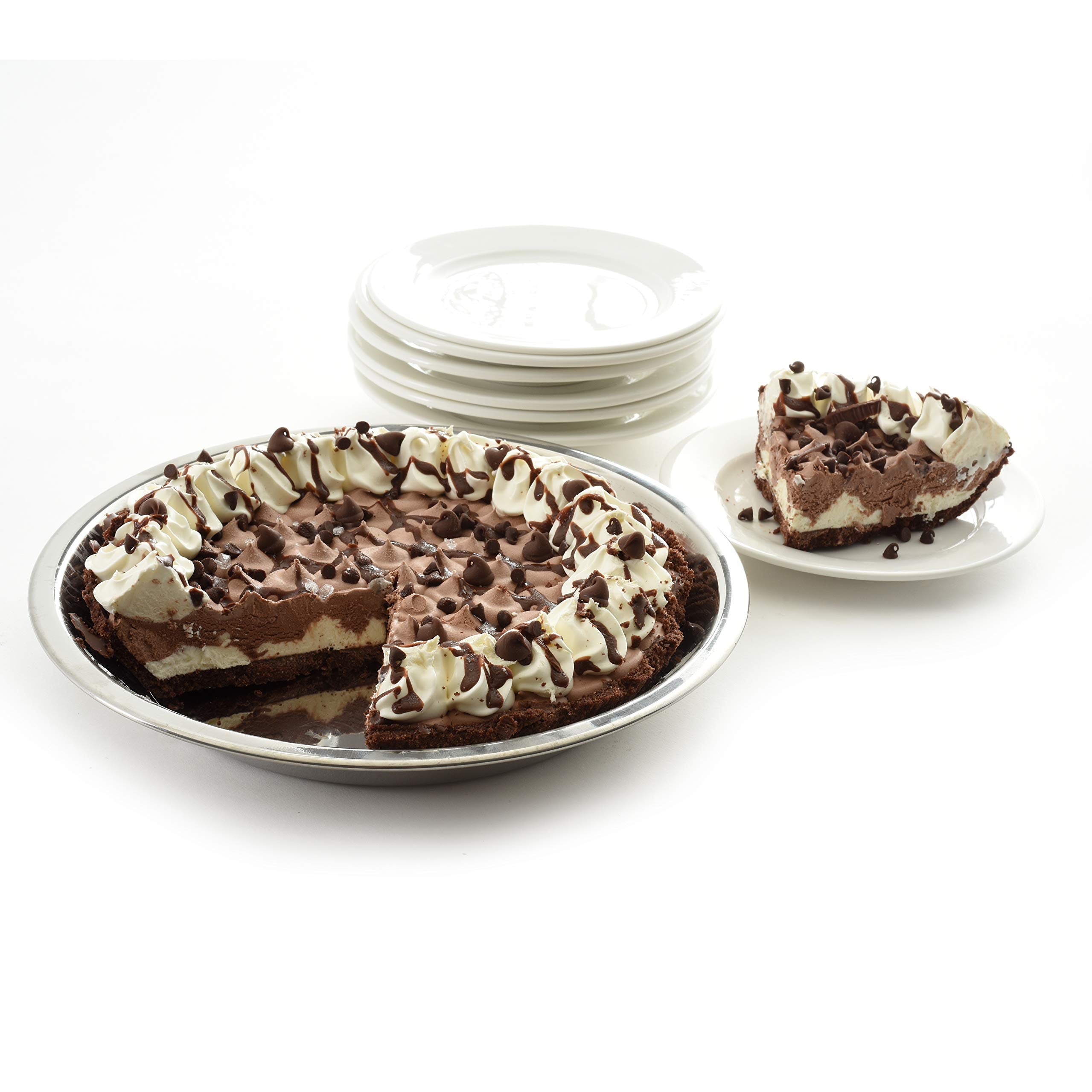 Norpro 3811 pie pan close-up showing mirror finish and crust release benefit.