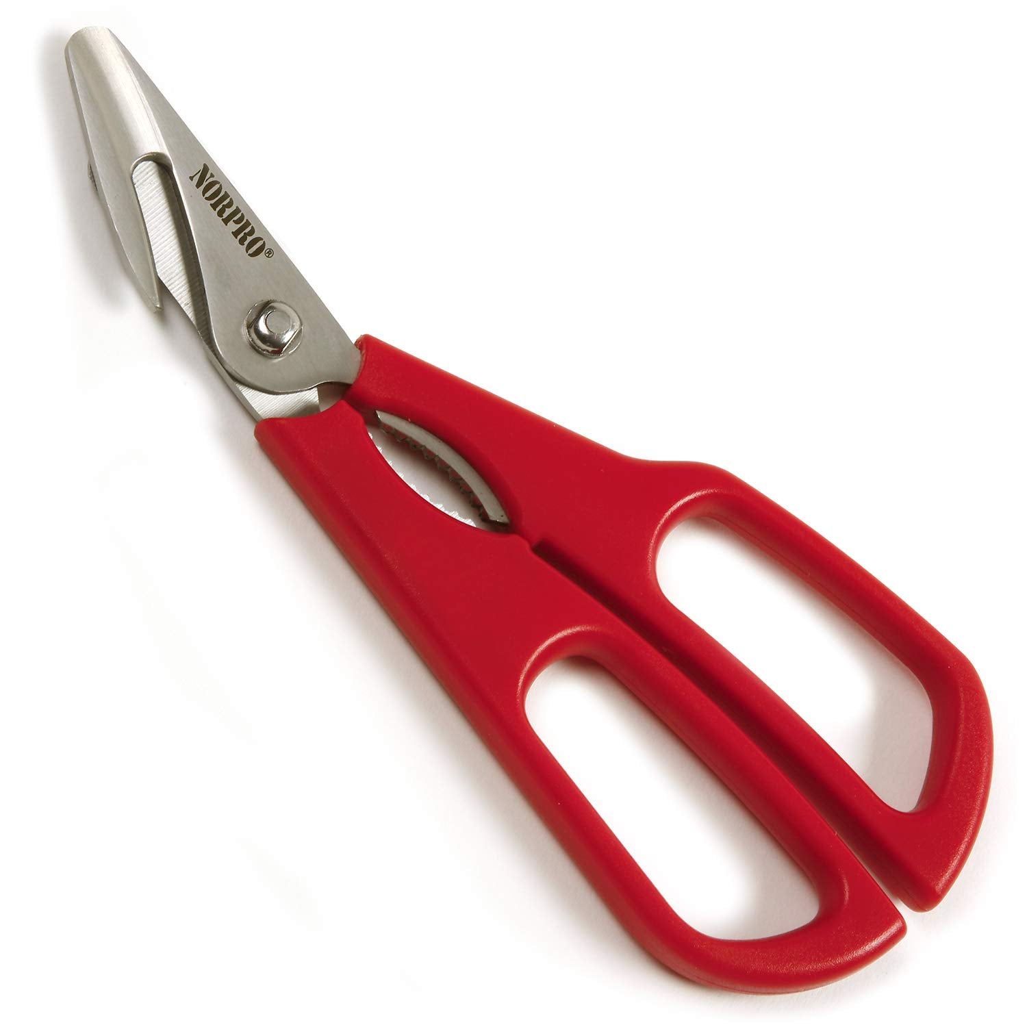 Norpro 6516 seafood shears red overview, easy to spot in the kitchen for shellfish prep