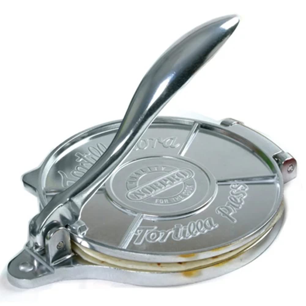 Norpro 6-inch tortilla press top view highlights sturdy cast aluminum for fresh corn tortillas.