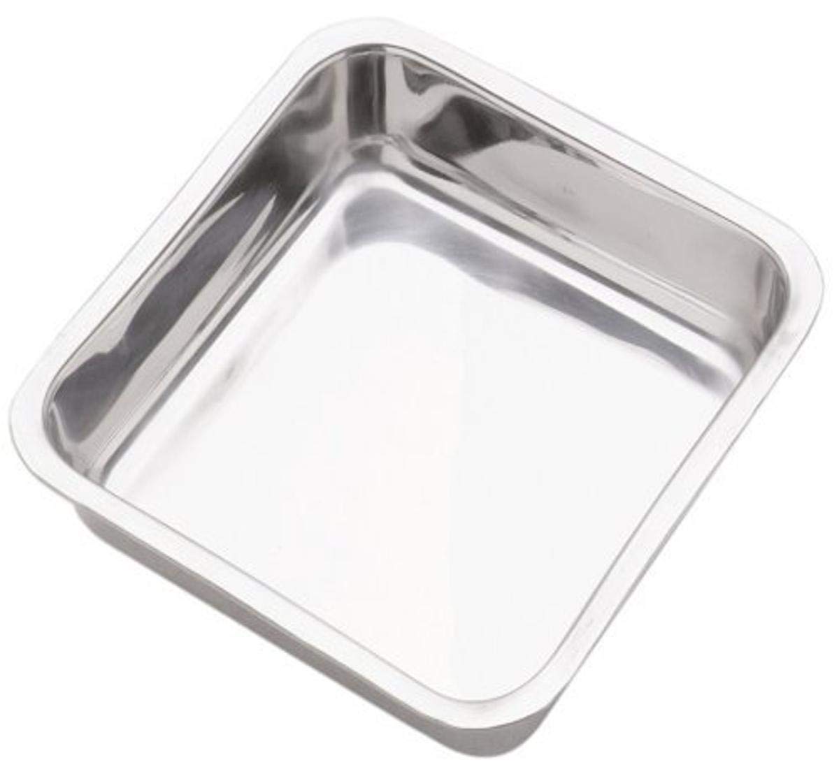 Norpro 8-inch square cake pan top view, durable stainless steel for versatile baking.