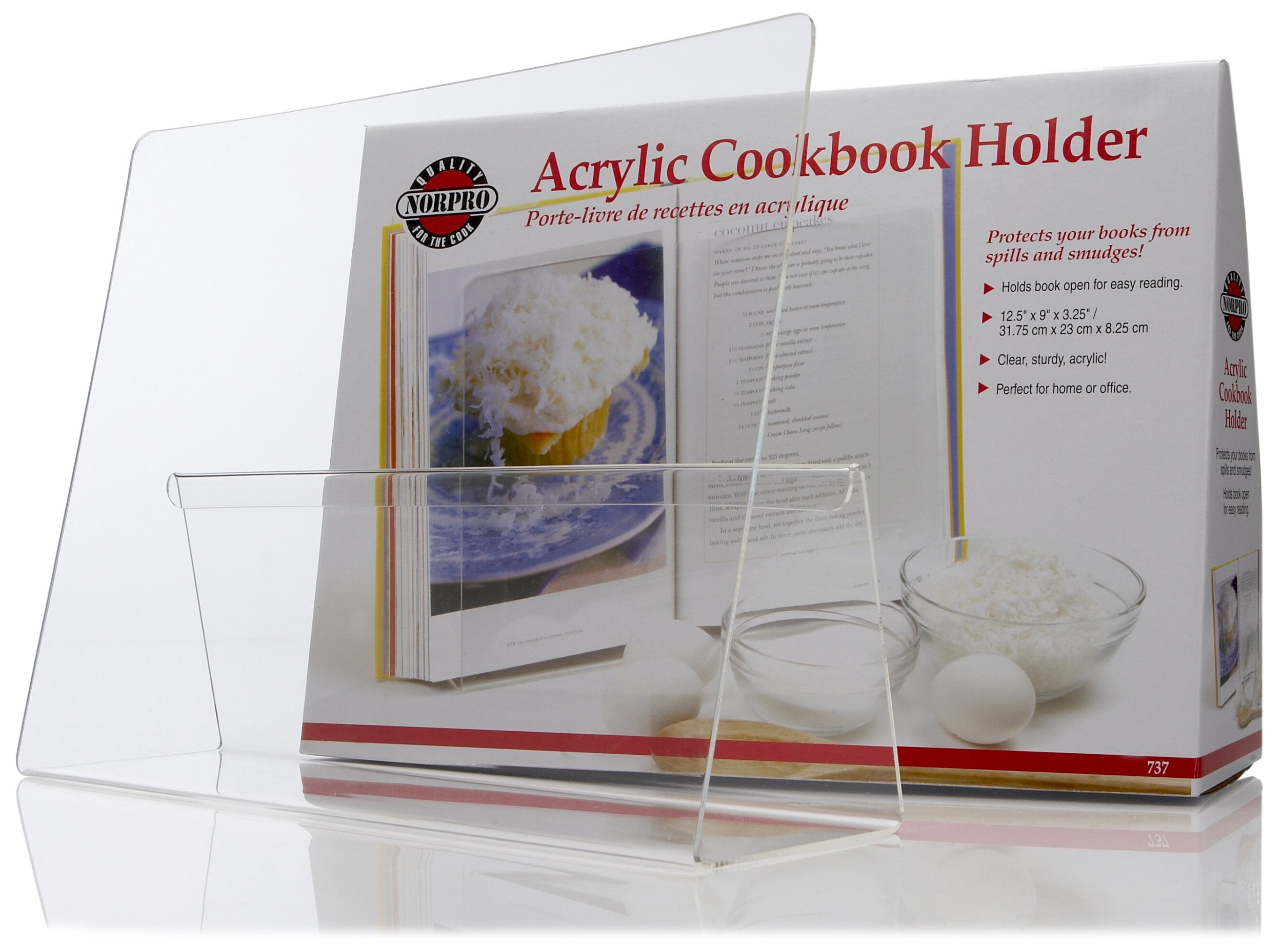 Norpro acrylic cookbook holder front view demonstrates space-saving counter organization for recipes.