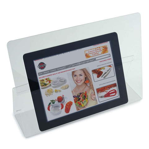 Norpro acrylic cookbook holder-saving-counter-space demonstrates kitchen organization.