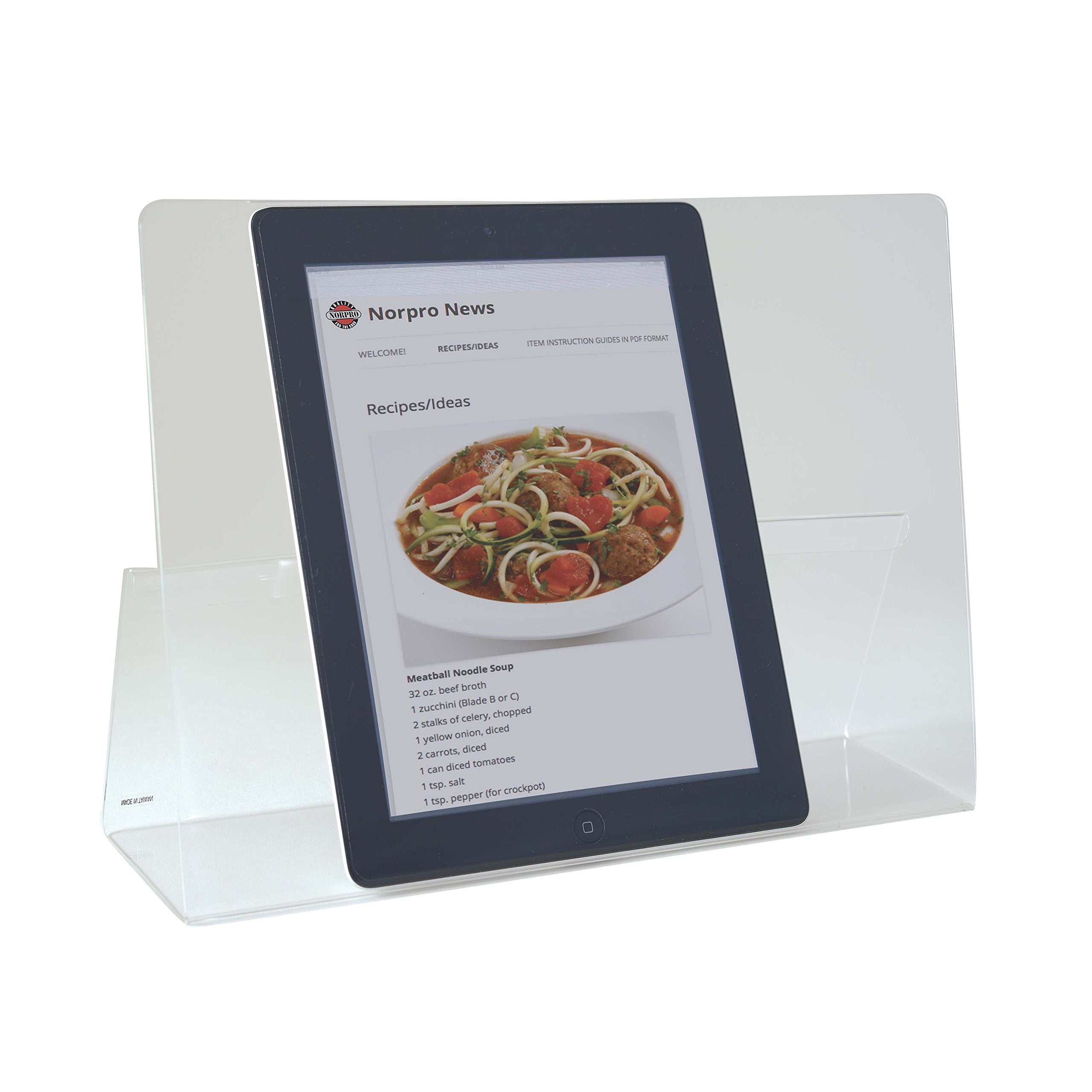 Norpro acrylic iPad/tablet holder in-use shows hands-free recipe viewing.