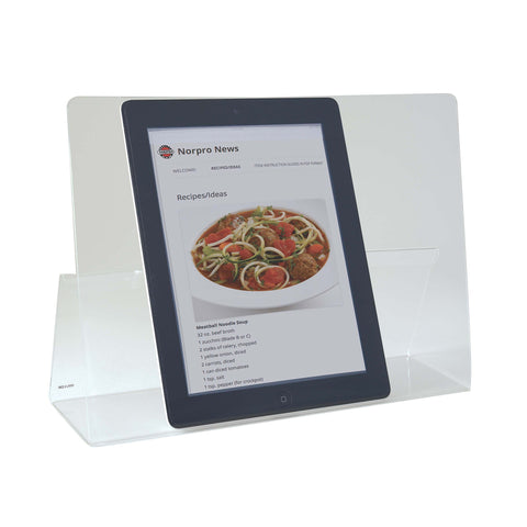 Norpro acrylic iPad/tablet holder in-use shows hands-free recipe viewing.